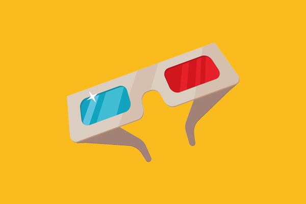 An icon of 3-D glasses on a yellow background.