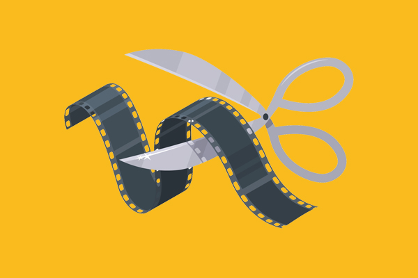 An icon scissors cutting a film strip on a yellow background.