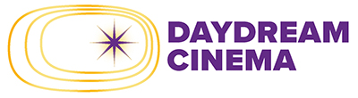 Daydream Cinema logo. A yellow cinema screen portal effect with rectangular rings on a white background. There is a purple star to the right of the screen shape. "Daydream Cinema" is in purple capital letters to the right.