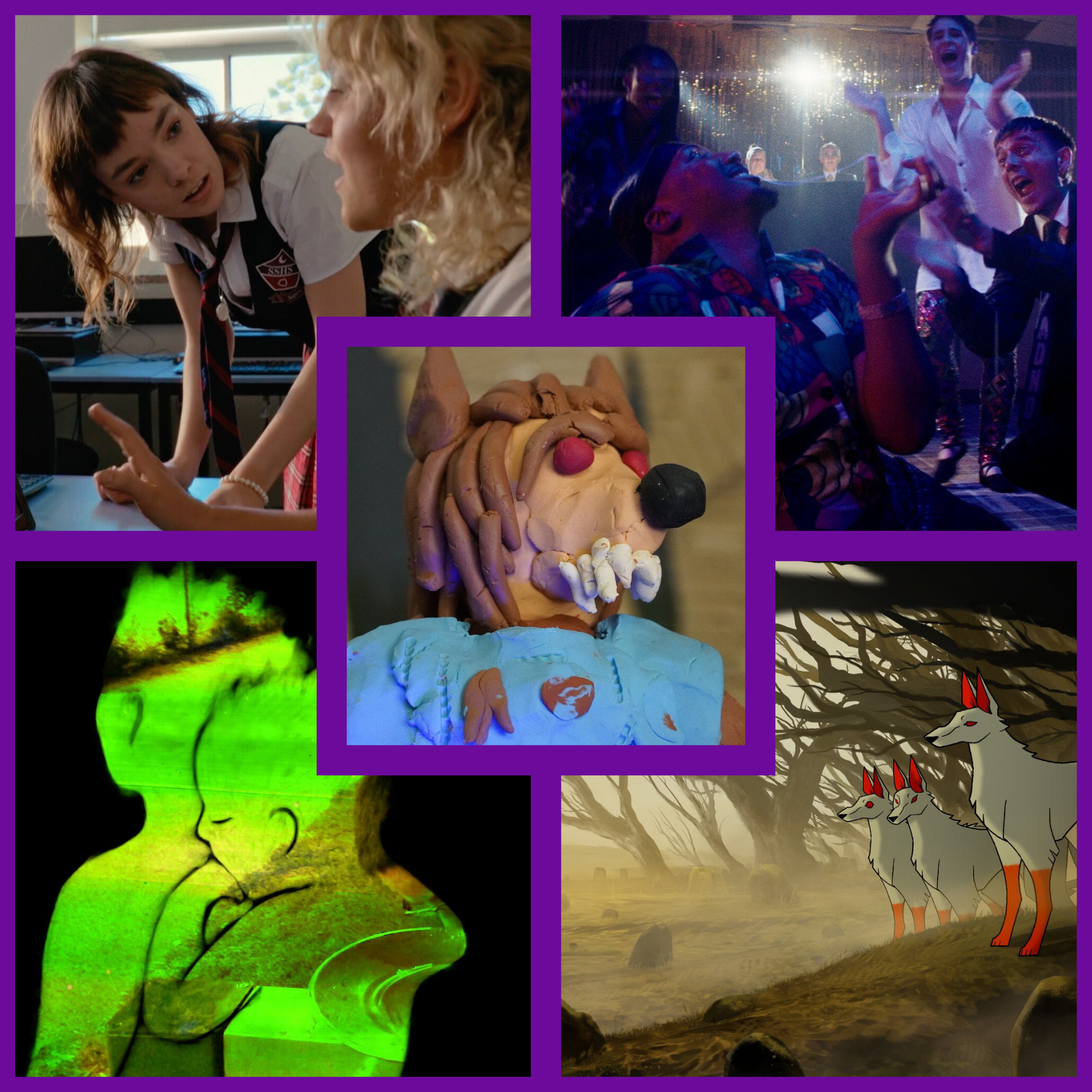 A collage of stills from 5 live action or animated short films with a purple border.