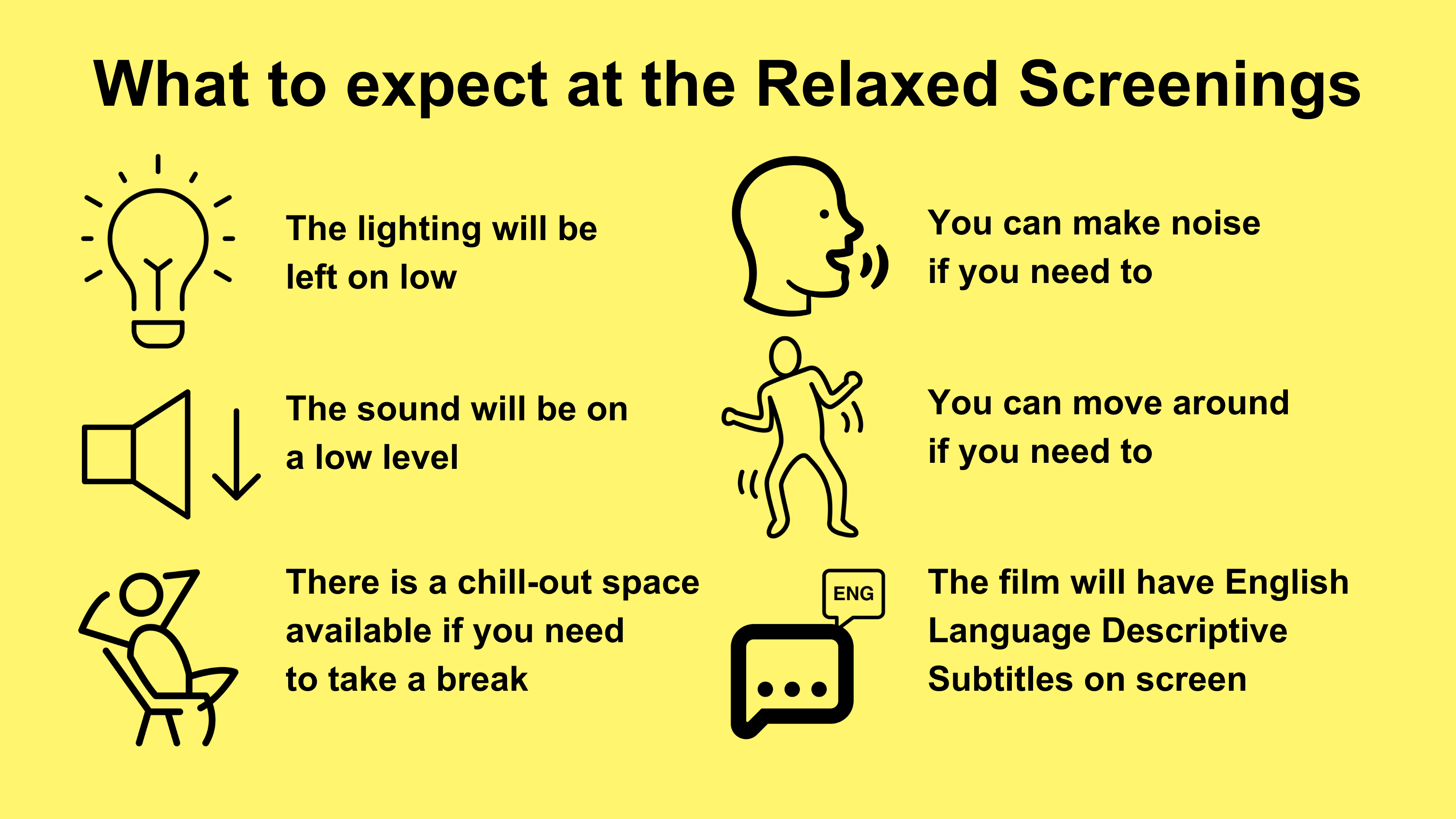 Access icons for Relaxed Screenings on a yellow background with black text