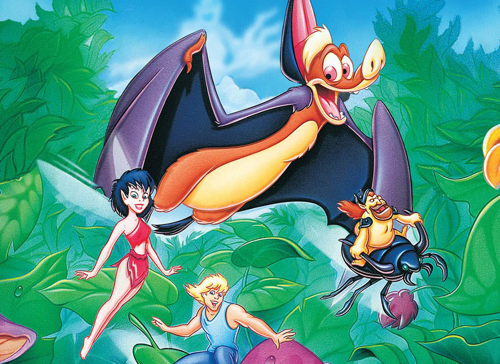 Picture from Ferngully animation of a flying bat, and a flying fairy in a rainforest.