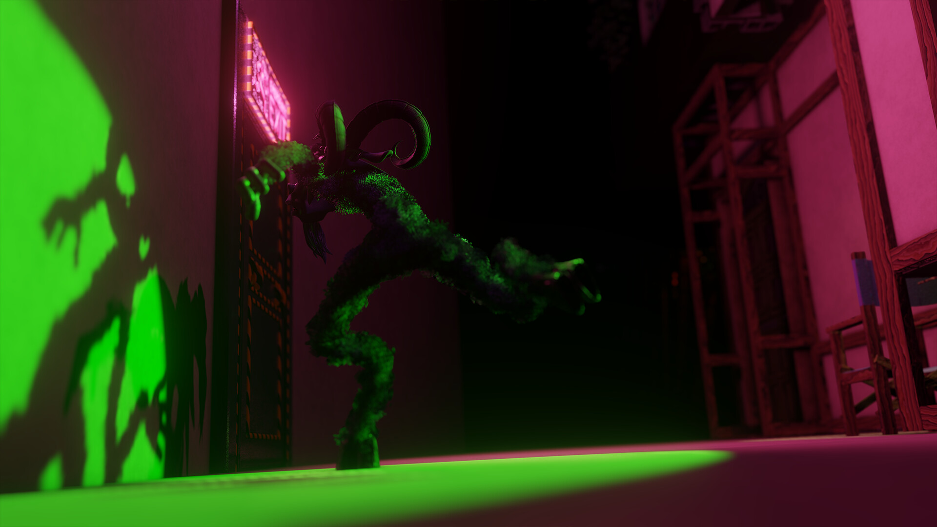 A Perfect Morning Situation Stop motion animation still. A horned and hooded creature sneaks through the dark of a neon-lit futuristic scene.
