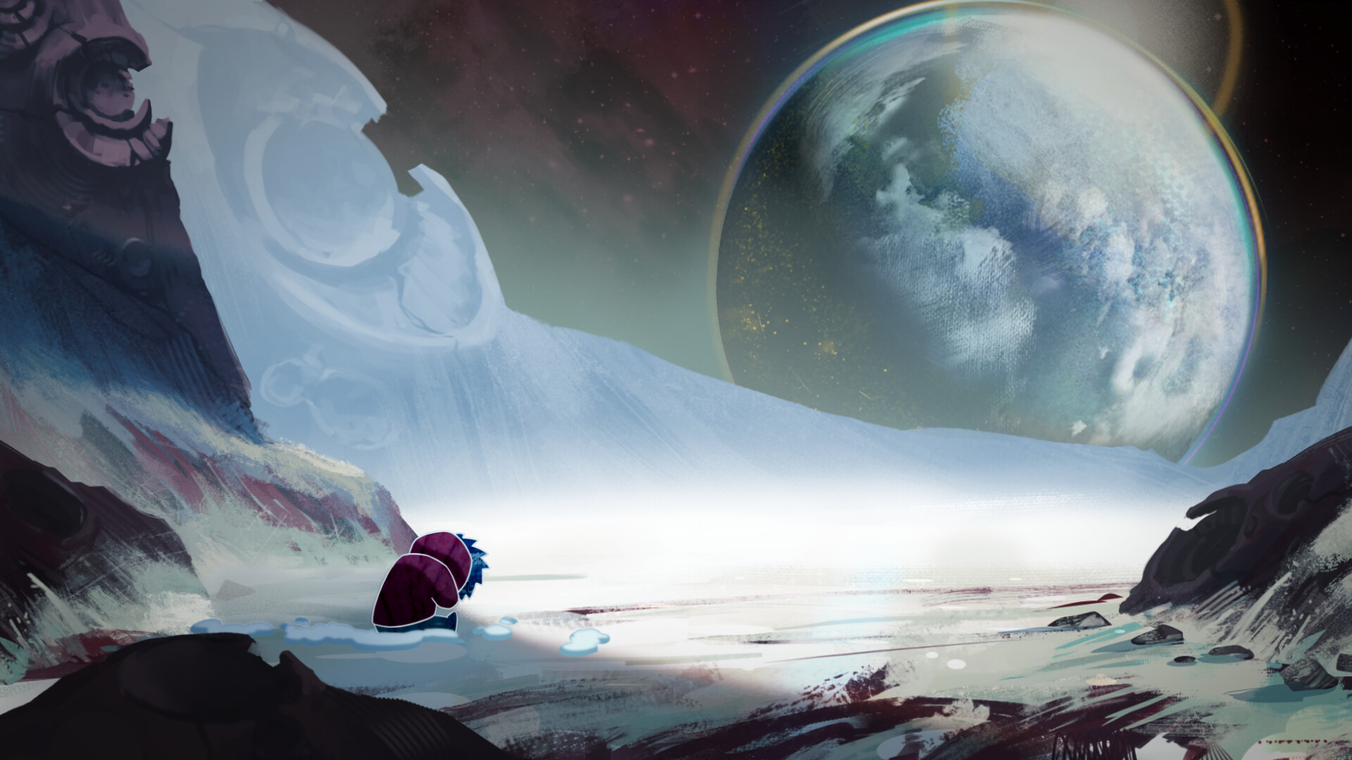 POLAR Digital illustration animation still. An icy alien landscape with a planet hanging in the sky. A character walks away from us, wearing a winter coat.