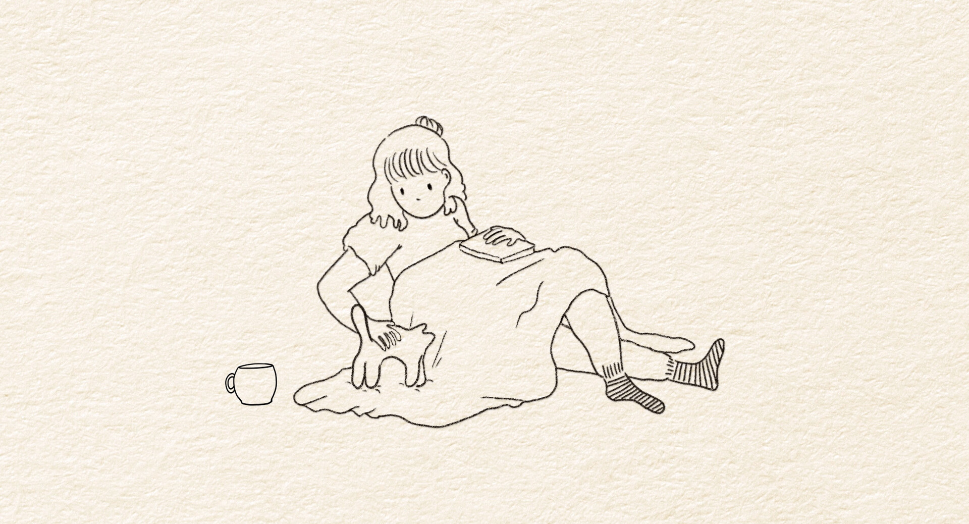 Oscillation Black line drawing of a young woman lying down and stroking a cat. The illustration is on textured paper.